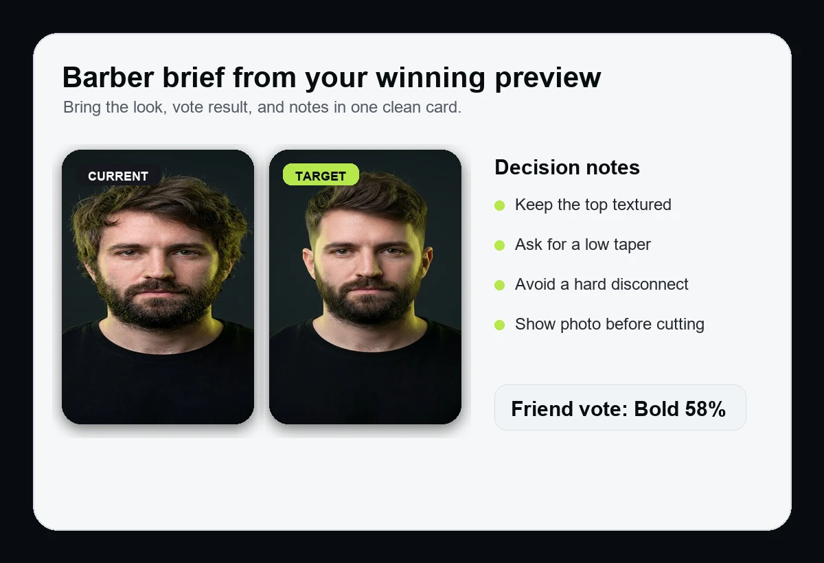 Barber brief card with current hair target haircut and decision notes