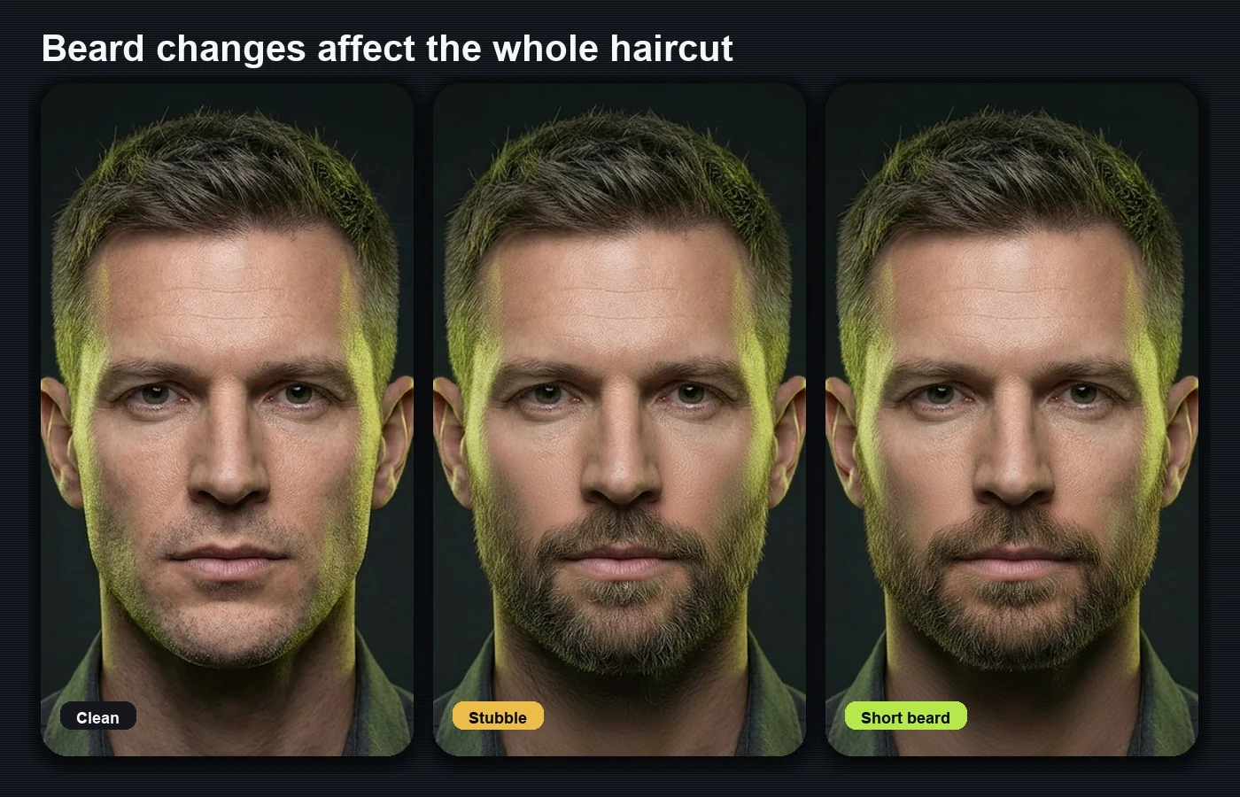 Photorealistic beard style grid with clean shave stubble and short beard