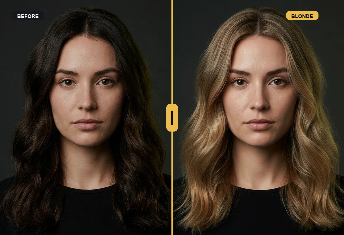 Photorealistic blonde hair color before and after preview