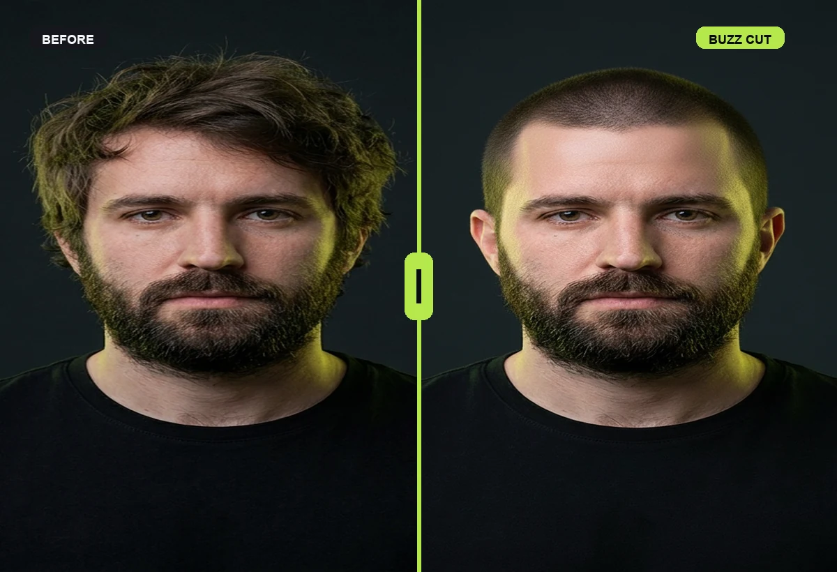 Photorealistic buzz cut before and after preview