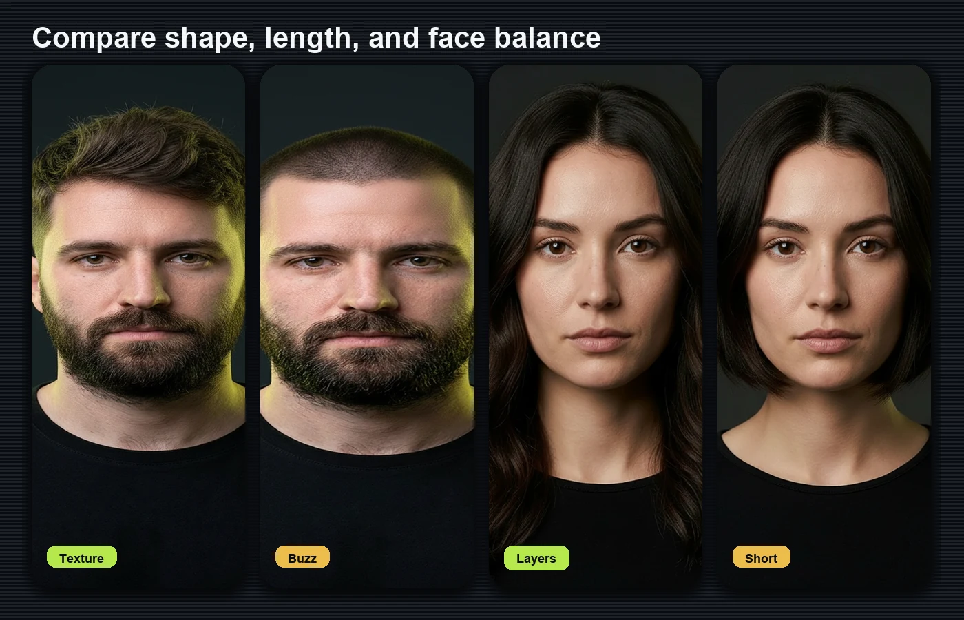 Photorealistic haircut grid for comparing shape length and face balance