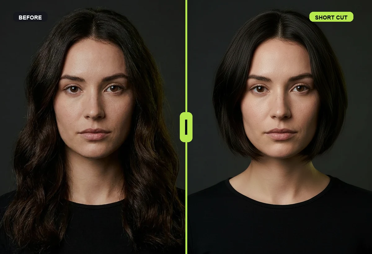 Photorealistic short haircut big chop before and after preview