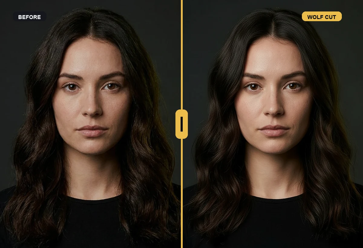 Photorealistic wolf cut before and after preview