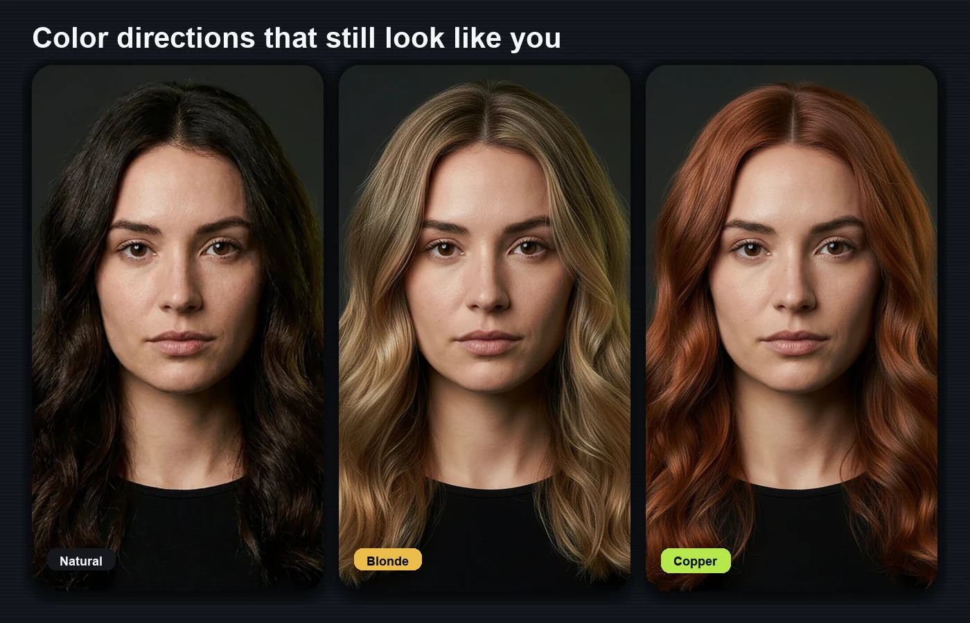 Photorealistic hair color range with natural blonde and copper directions